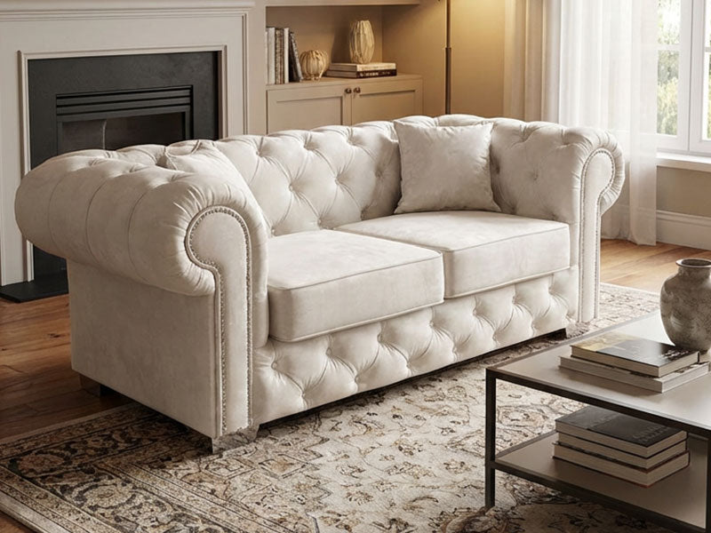 Olympia Cream Plush Velvet Chesterfield Sofa – Diamond Detailing & Foam Seat Cushions, Round Arms