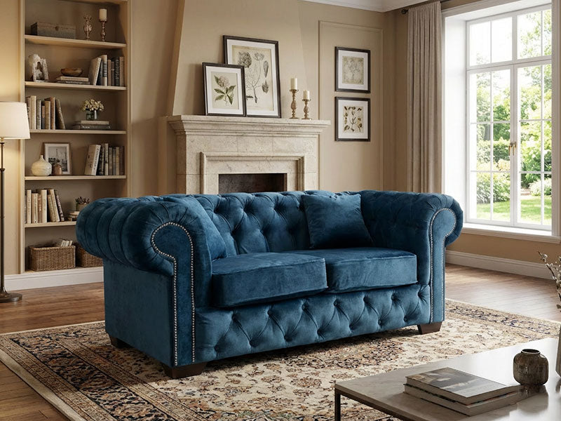 Olympia Blue Plush Velvet Chesterfield Sofa – Diamond Detailing & Foam Seat Cushions, Round Arms