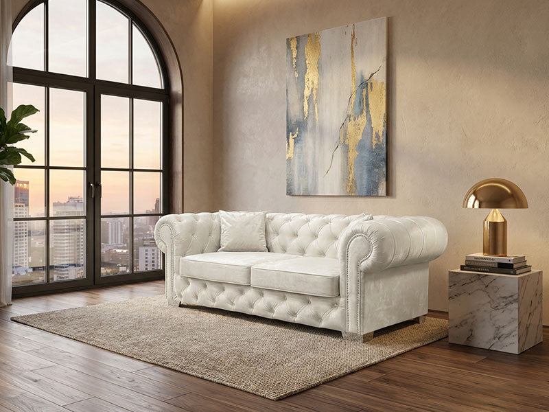 Olympia Cream Plush Velvet Chesterfield Sofa – Diamond Detailing & Foam Seat Cushions, Round Arms
