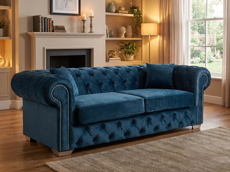Olympia Blue Plush Velvet Chesterfield Sofa – Diamond Detailing & Foam Seat Cushions, Round Arms