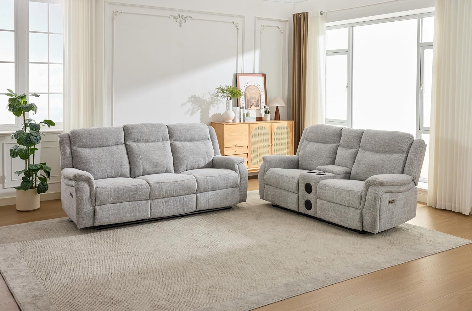 MNS Siyara Fabric Electric Recliner 3+2 Sofa With Bluetooth, USB, Cooling, Cupholder, Wireless Charging