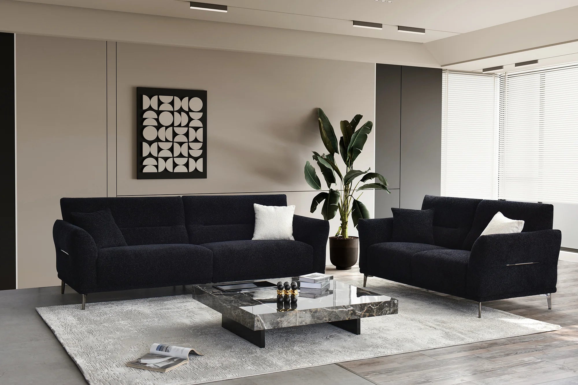 MNS Aluxo Albany Range Sofa in Midnight Black Lux Boucle Fabric - Deep Cushion Comfort
