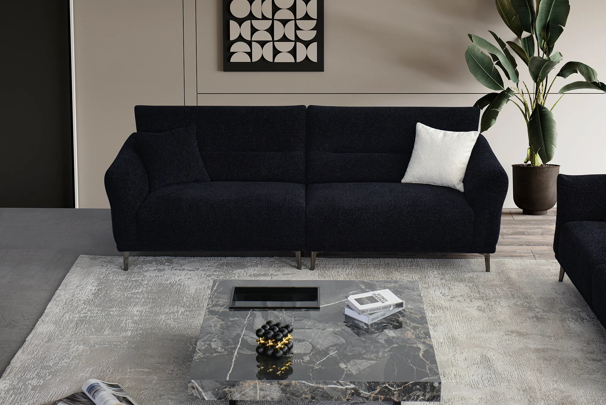 MNS Aluxo Albany Range Sofa in Midnight Black Lux Boucle Fabric - Deep Cushion Comfort