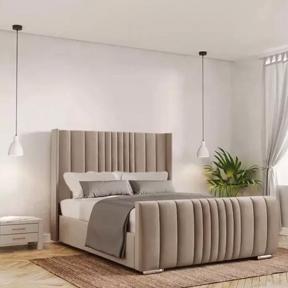 Manhattan Wing Back Panel Plush Velvet Upholstered Bed Frame With Lines - Beige