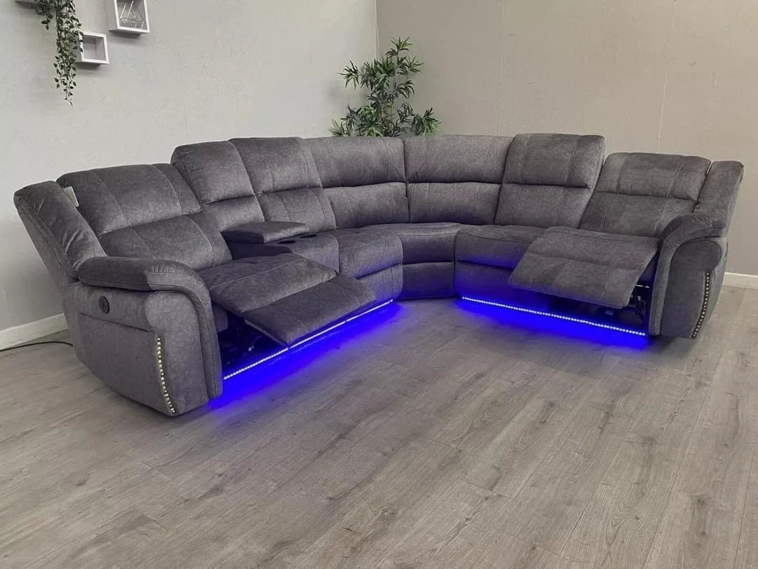 MNS Berlin Microfibre Fabric Electric Recliners Corner Sofa- USB/ Blue LED Strip