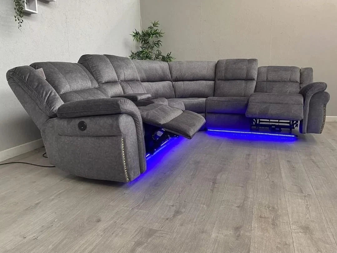 MNS Berlin Microfibre Fabric Electric Recliners Corner Sofa- USB/ Blue LED Strip