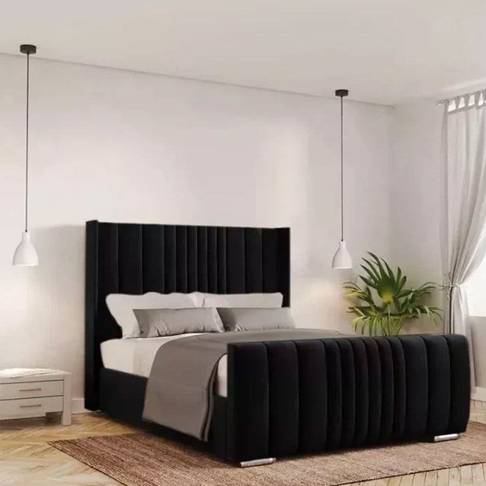 Manhattan Wing Back Panel Plush Velvet Upholstered Bed Frame With Lines - Black