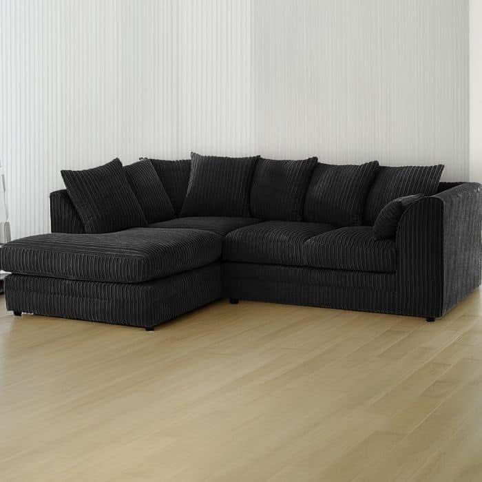 Dylan Jumbo Cord Fabric Corner Sofa with Cushions 3 Seaters, 2 Seaters L-Shape Sofa - Black