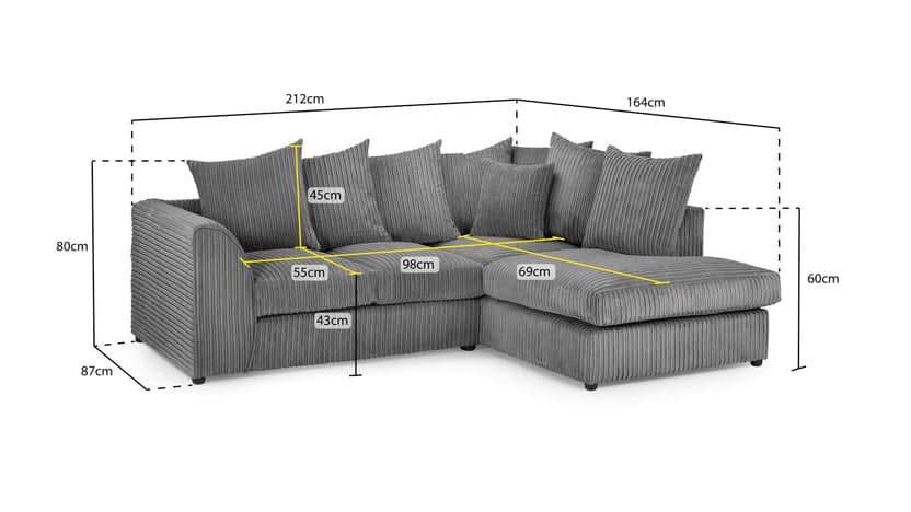 Dylan Jumbo Cord Fabric Corner Sofa with Cushions 3 Seaters, 2 Seaters L-Shape Sofa - Black