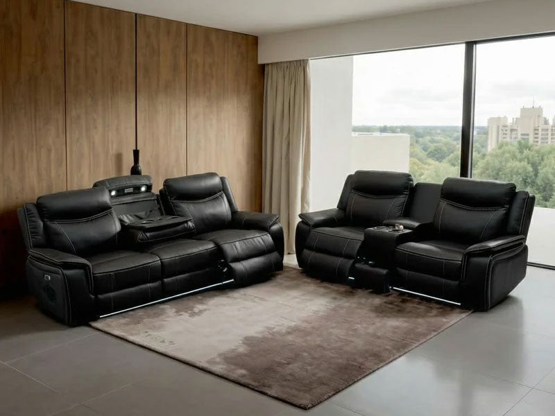 MNS Pradaa Leather Electric Recliner Sofa Set With Cupholders, LED Lights – Bluetooth Speakers – Cooling Cupholders