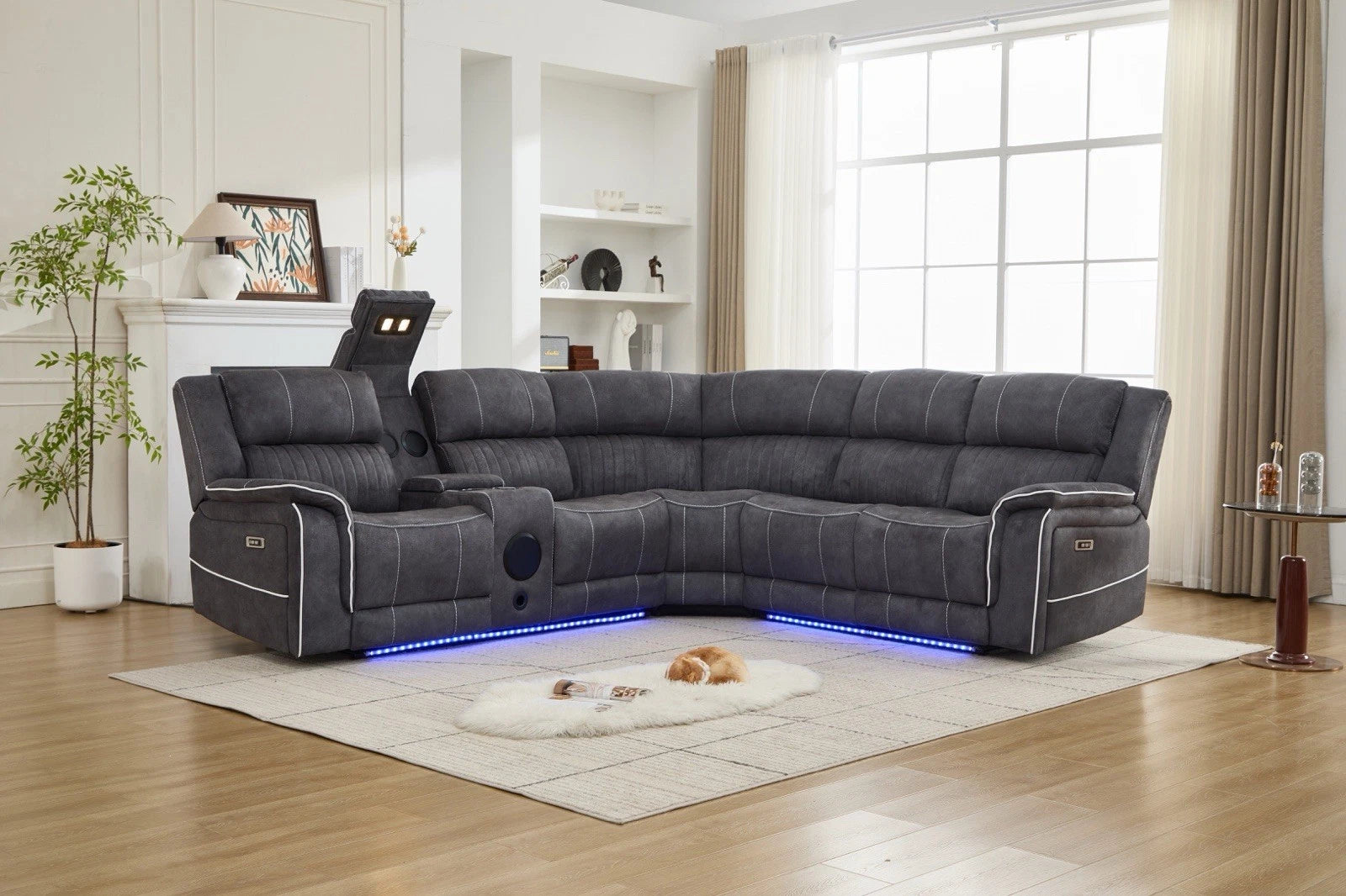 MNS Geneva Pro Electric Recliner Corner Fabric Sofa Grey, LED, Wireles charging
