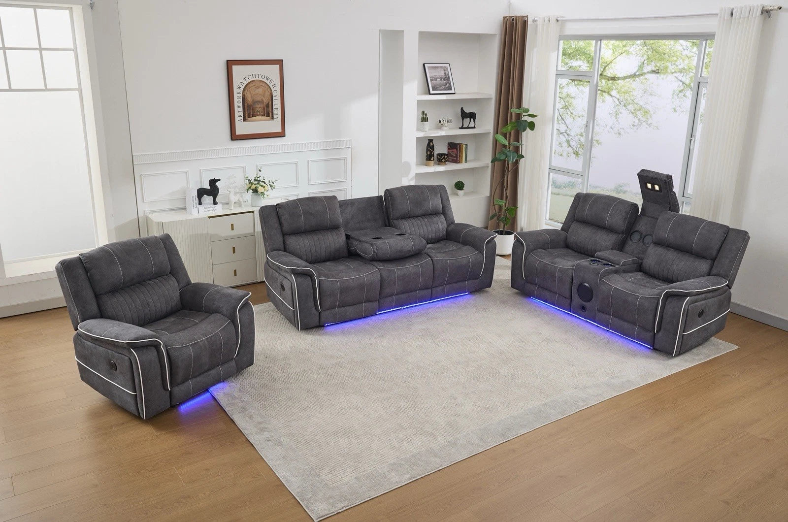 Geneva Pro Electric Recliner Corner Fabric Sofa Dark Grey, LED, Wireles charging