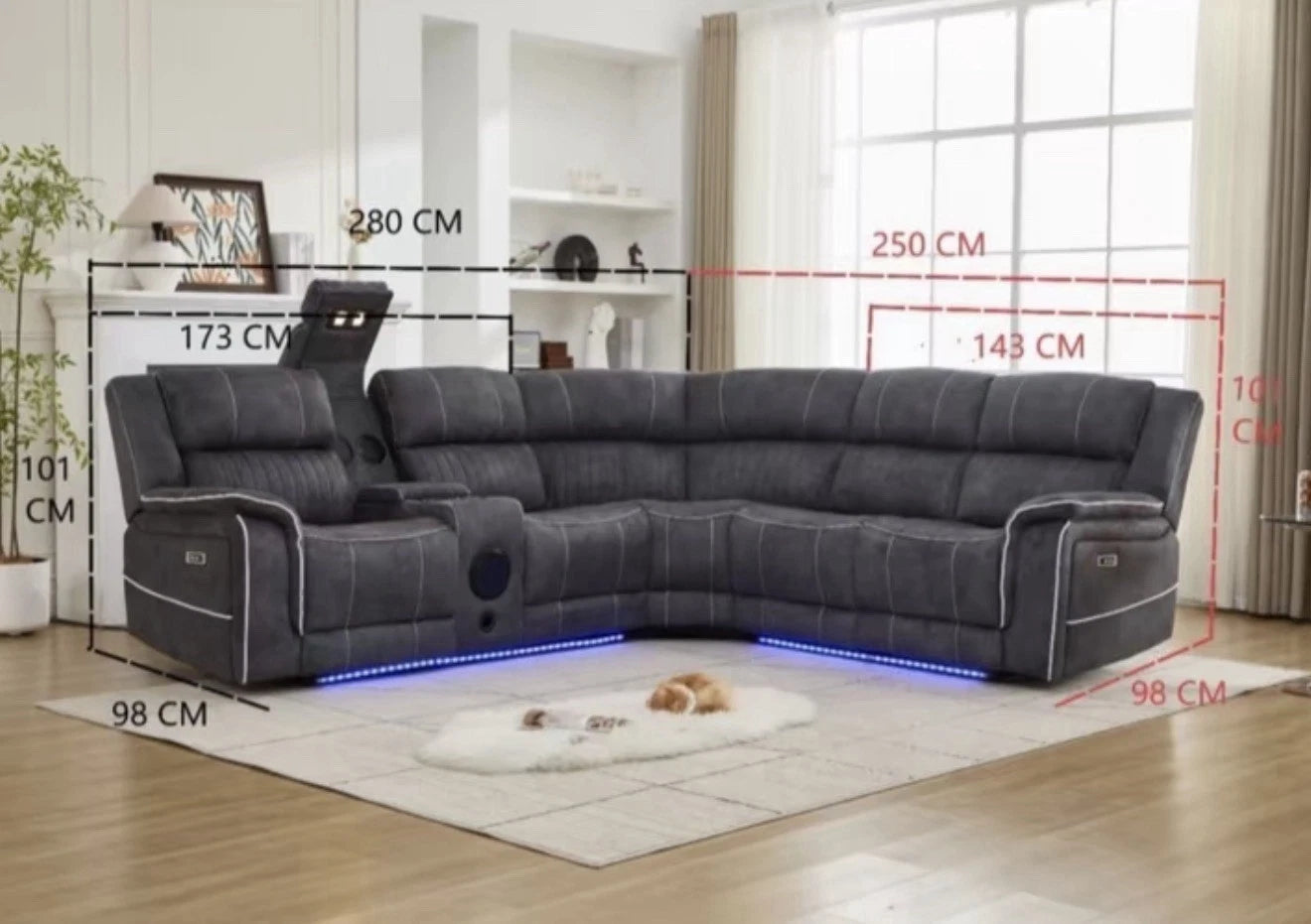 MNS Geneva Pro Electric Recliner Corner Fabric Sofa Grey, LED, Wireles charging