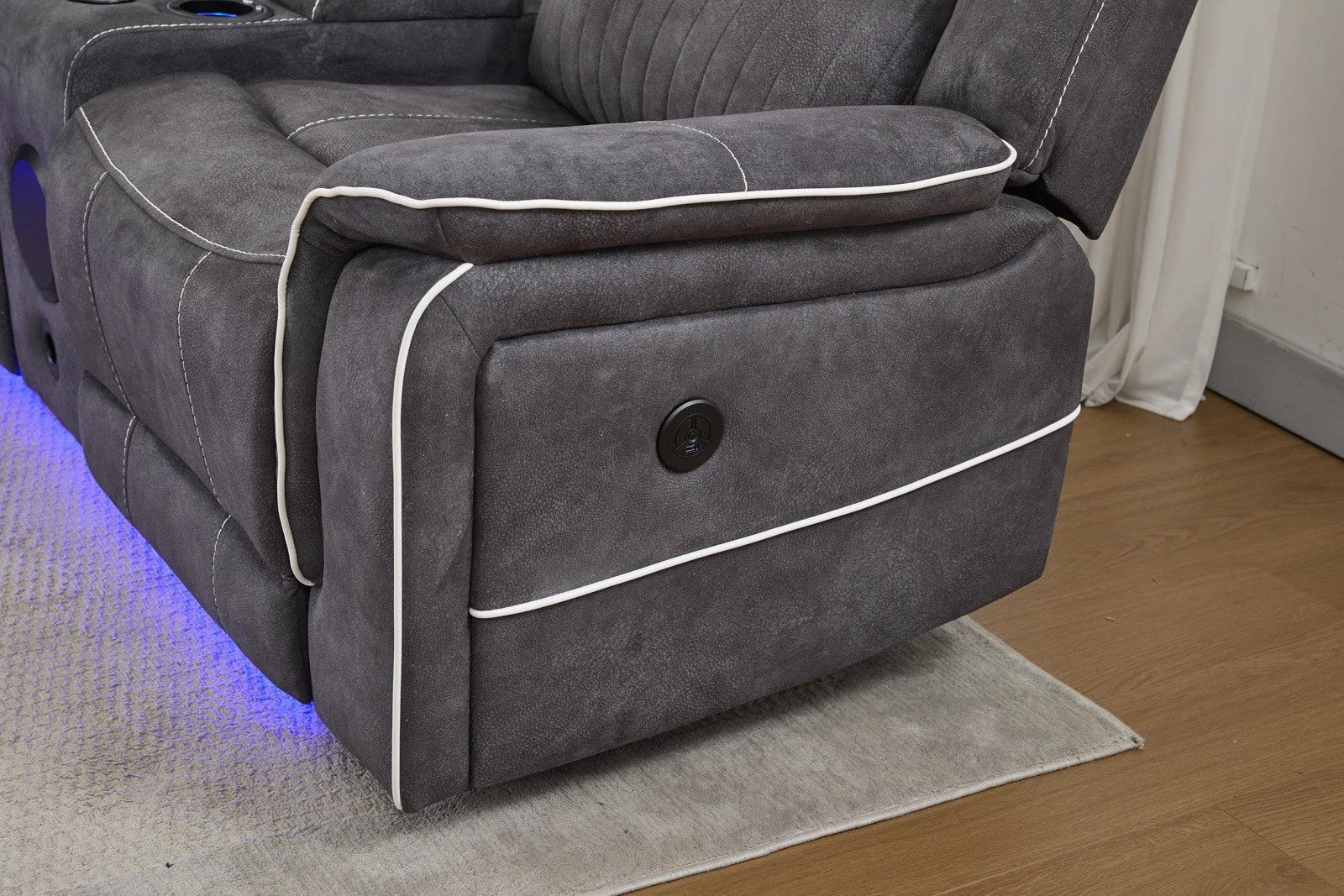 Geneva Pro Electric Recliner Fabric Sofa Dark Grey, LED, Wireles Charging