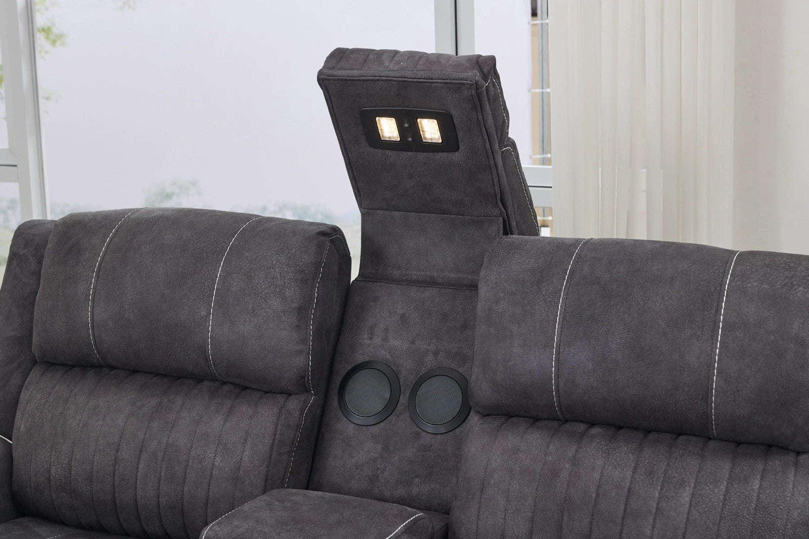 Geneva Pro Electric Recliner Corner Fabric Sofa Dark Grey, LED, Wireles charging