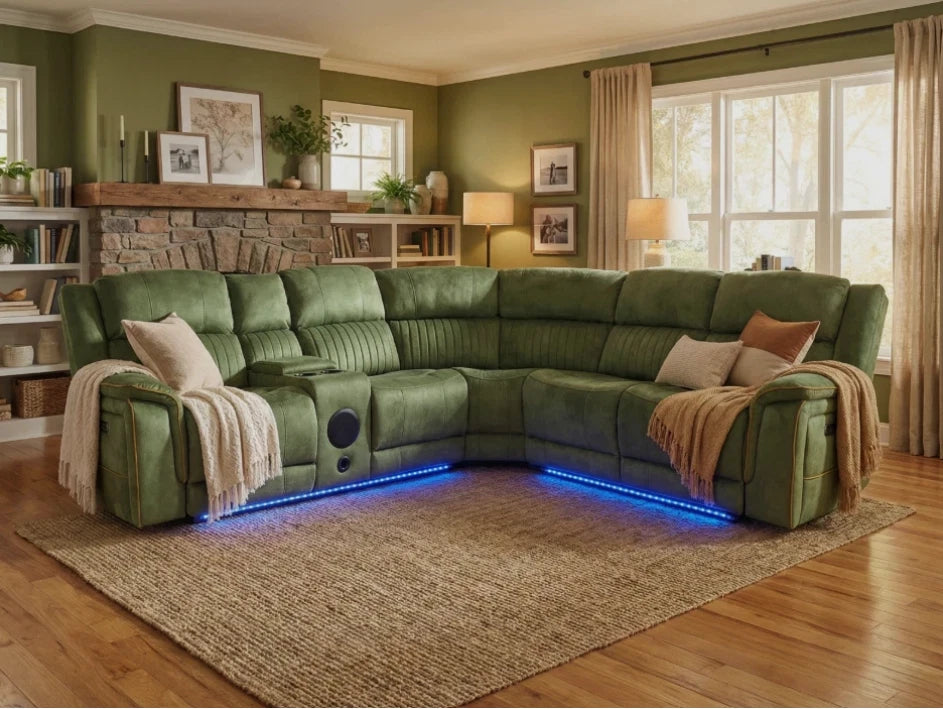 MNS Geneva Fabric Electric Recliner Corner Sofa,Bluetooth,USB Led,Cooling Cup holder