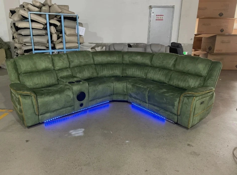 MNS Geneva Fabric Electric Recliner Corner Sofa,Bluetooth,USB Led,Cooling Cup holder