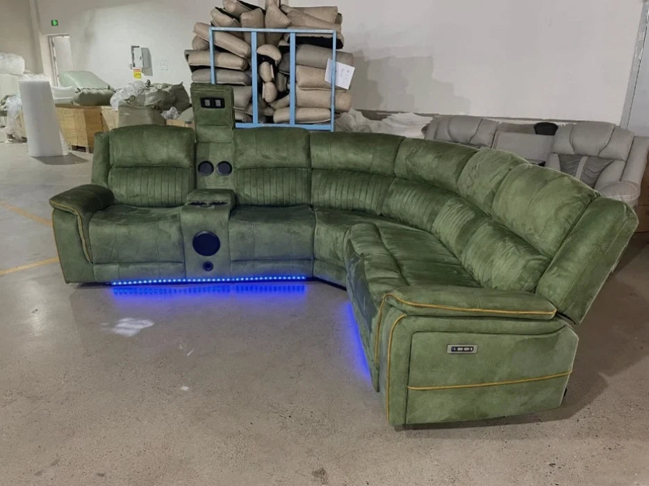 MNS Geneva Fabric Electric Recliner Corner Sofa,Bluetooth,USB Led,Cooling Cup holder