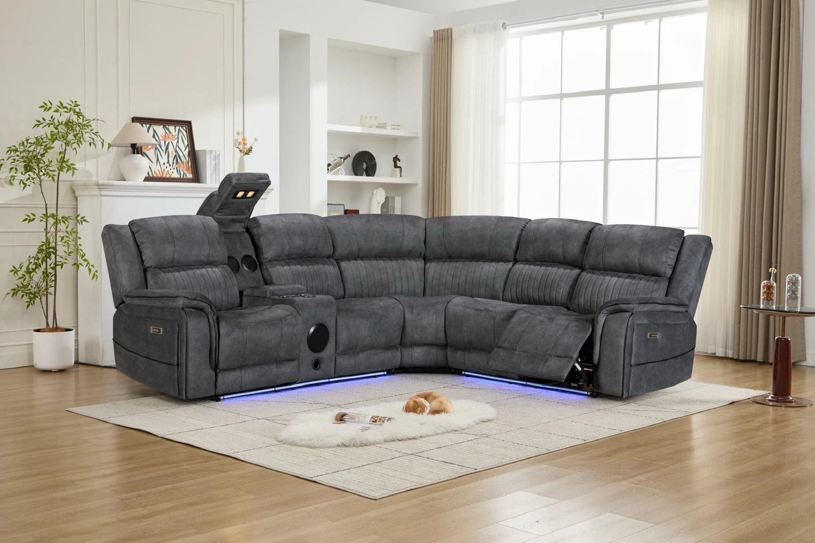 MNS Geneva Pro Fabric Electric Recliner Corner Sofa,Bluetooth USB, LED, Cupholder