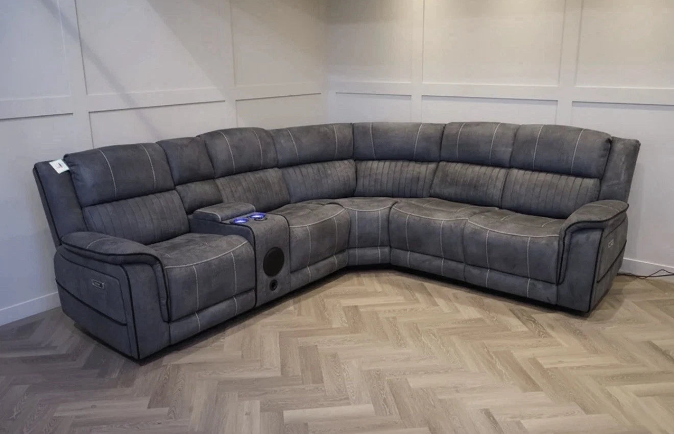 MNS Geneva Pro Fabric Electric Recliner Corner Sofa,Bluetooth USB, LED, Cupholder