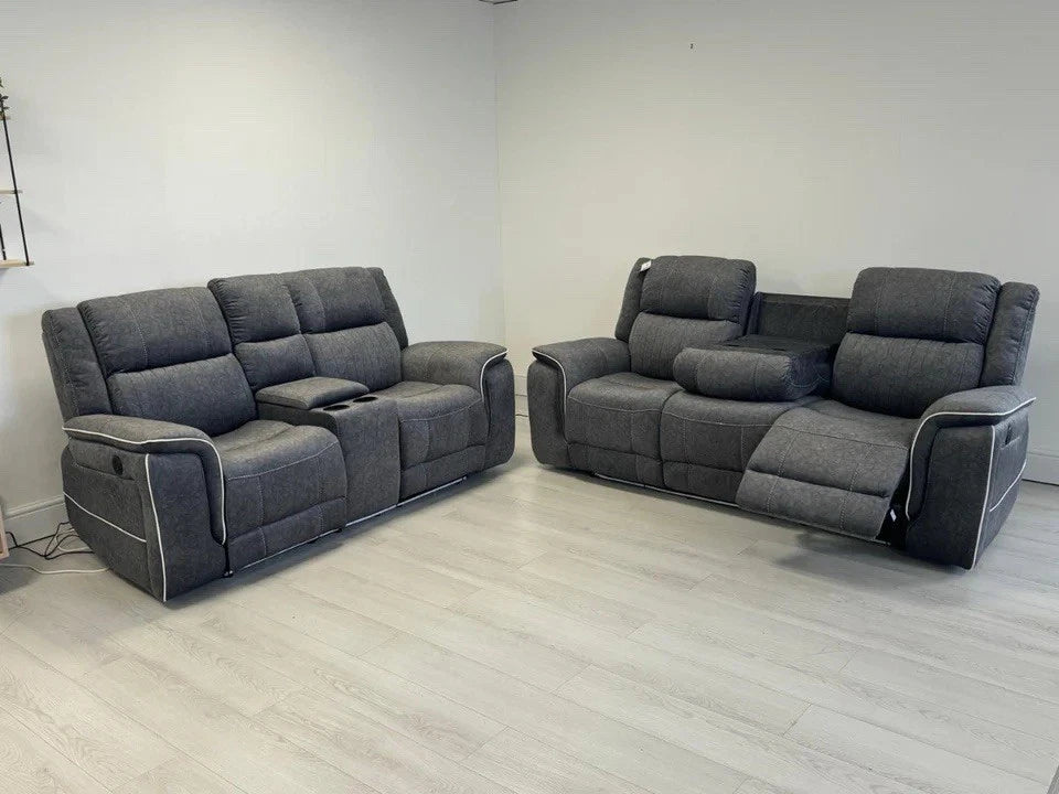 Hannah Electric Recliner Set Grey Microfiber Fabric, 3+2 Sofa with Cupholders