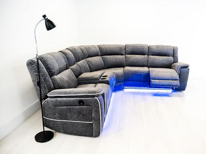 Hanna Electric Recliner Corner Sofa – Soft Grey Micro Fabric – LED Lights & USB Ports