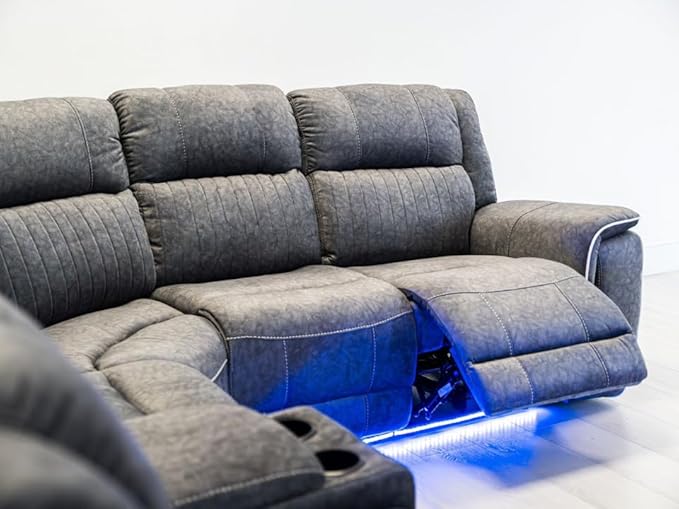 Hanna Electric Recliner Corner Sofa – Soft Grey Micro Fabric – LED Lights & USB Ports