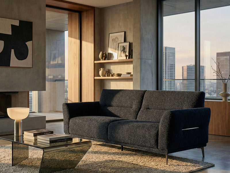 MNS Aluxo Albany Range Sofa in Midnight Black Lux Boucle Fabric - Deep Cushion Comfort