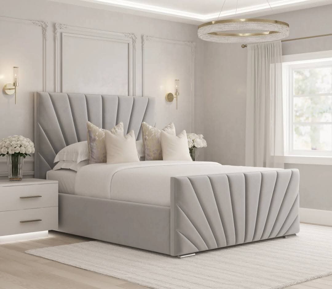 MNS Modern Luxury Velvet Upholstered Sunrise Line Panel Bed Frame