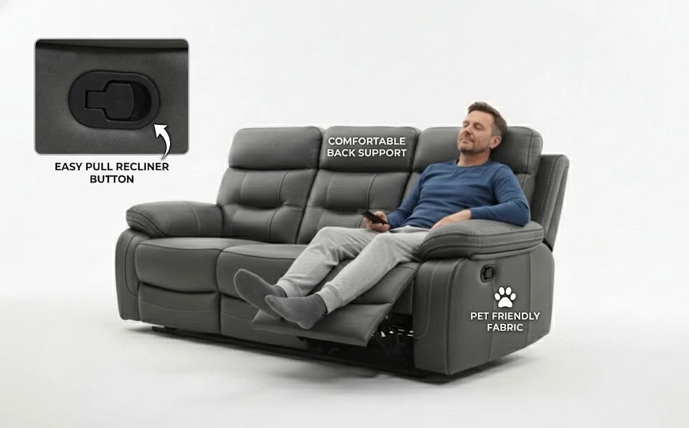 MNS Lyon Fabric Recliner Sofa, 3 Seater Manual Recliner Sofa (Grey,Black)