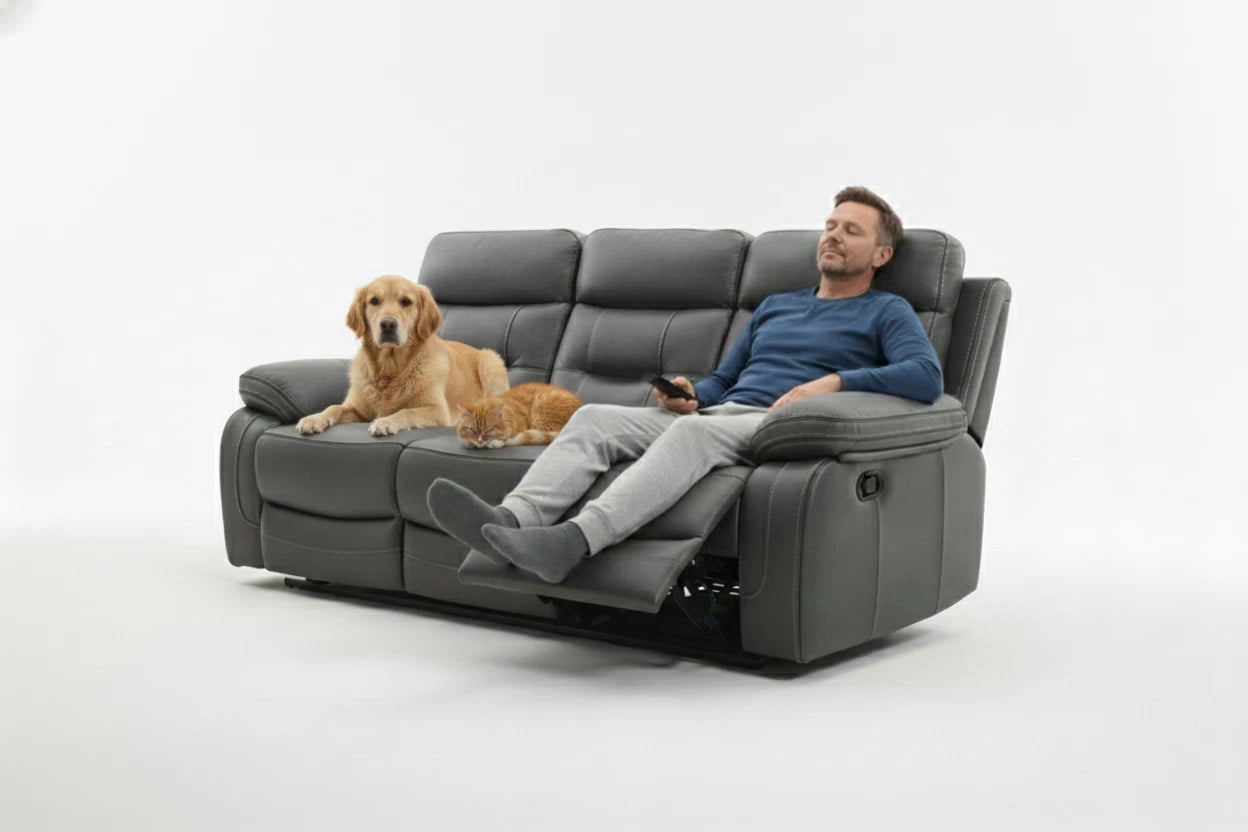 MNS Lyon Fabric Recliner Sofa, 3 Seater Manual Recliner Sofa (Grey,Black)
