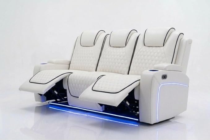 MNS Malaga Leather Electric Recliner Sofa Set With Cupholders – 3+2 Seater Sofa Set – LED Lights – Bluetooth Speakers – USB and Type-C charging ports - Wireless Charging (Cream)