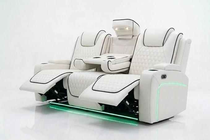 MNS Malaga Leather Electric Recliner Sofa Set With Cupholders – 3+2 Seater Sofa Set – LED Lights – Bluetooth Speakers – USB and Type-C charging ports - Wireless Charging (Cream)