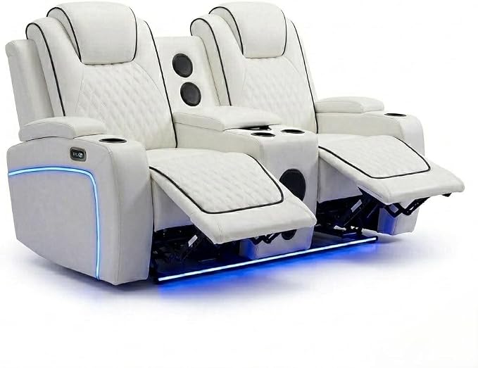 MNS Malaga Leather Electric Recliner Sofa Set With Cupholders – 3+2 Seater Sofa Set – LED Lights – Bluetooth Speakers – USB and Type-C charging ports - Wireless Charging (Cream)