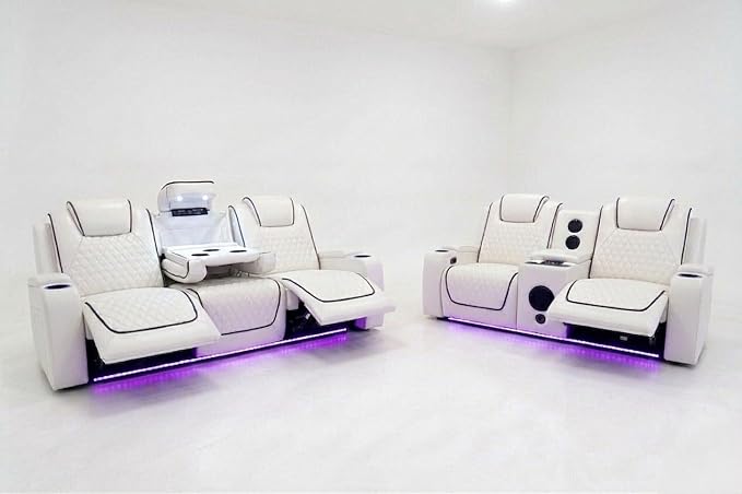 MNS Malaga Leather Electric Recliner Sofa Set With Cupholders – 3+2 Seater Sofa Set – LED Lights – Bluetooth Speakers – USB and Type-C charging ports - Wireless Charging (Cream)