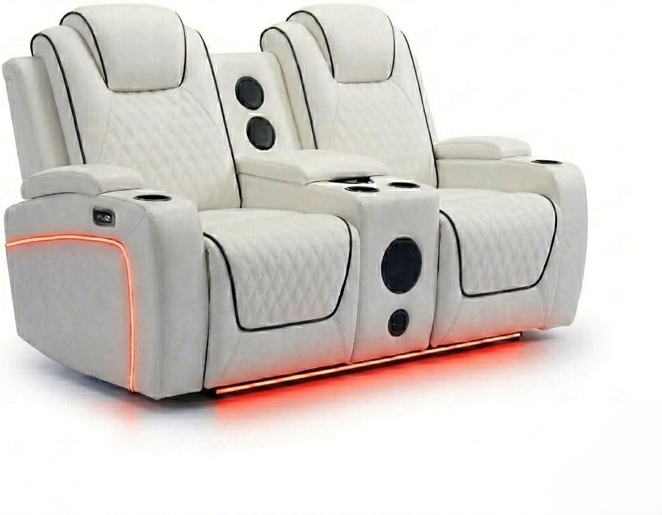 MNS Malaga Leather Electric Recliner Sofa Set With Cupholders – 3+2 Seater Sofa Set – LED Lights – Bluetooth Speakers – USB and Type-C charging ports - Wireless Charging (Cream)