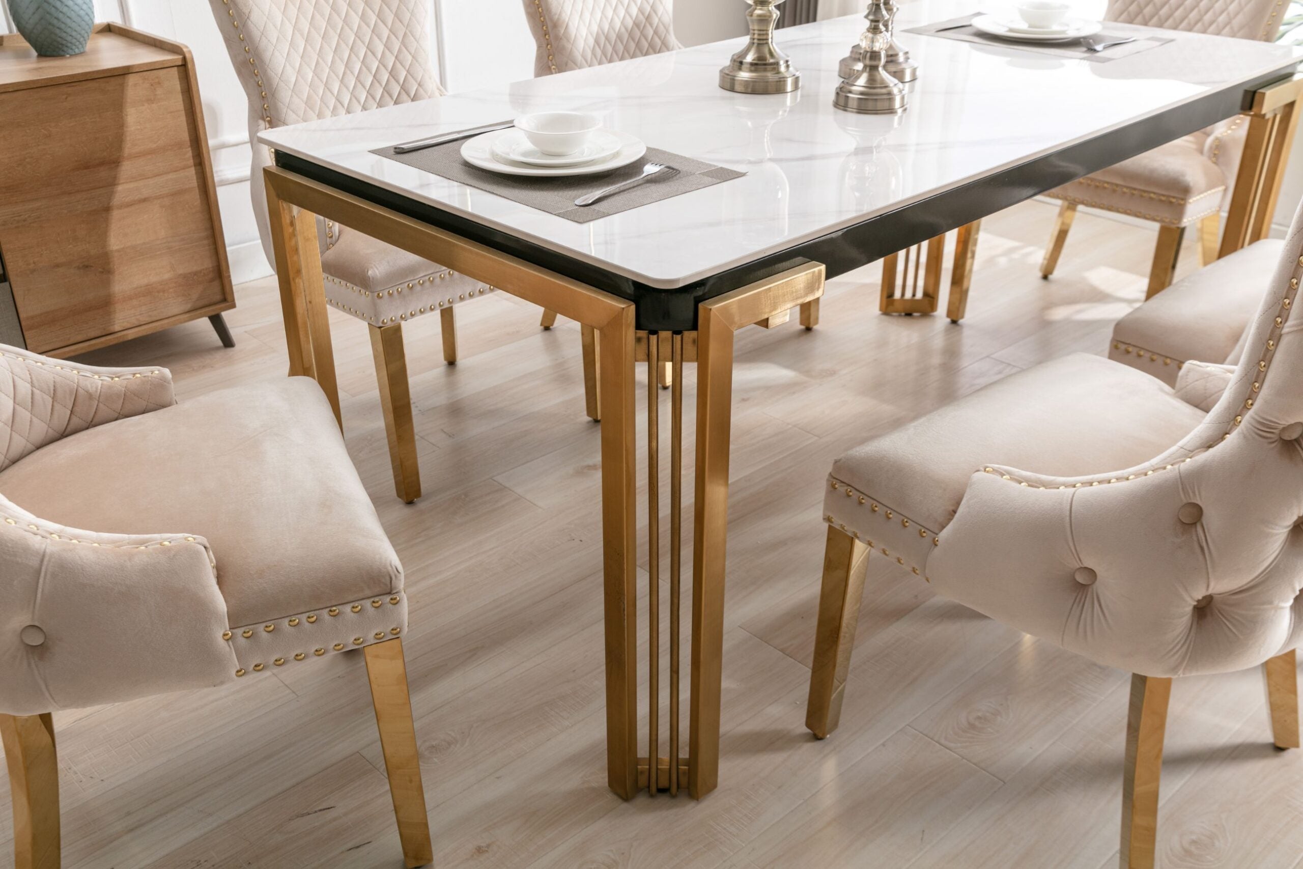 Sorrento Rectangle 150cm Ceramic Gold Table 6 Victoria Dark Cream Ring Knocker Velvet Chair