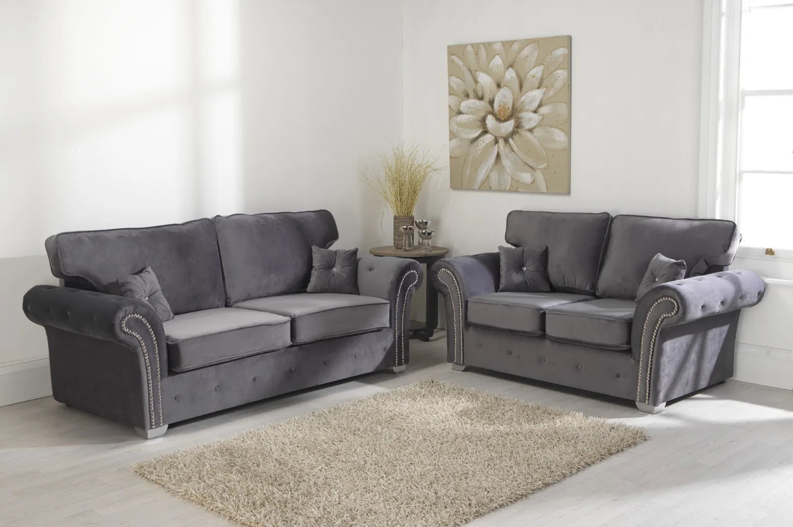 Olympia Large Corner Dark Grey Sofa Set - 3 & 2 Seater Plush Velvet Sofa Fabric