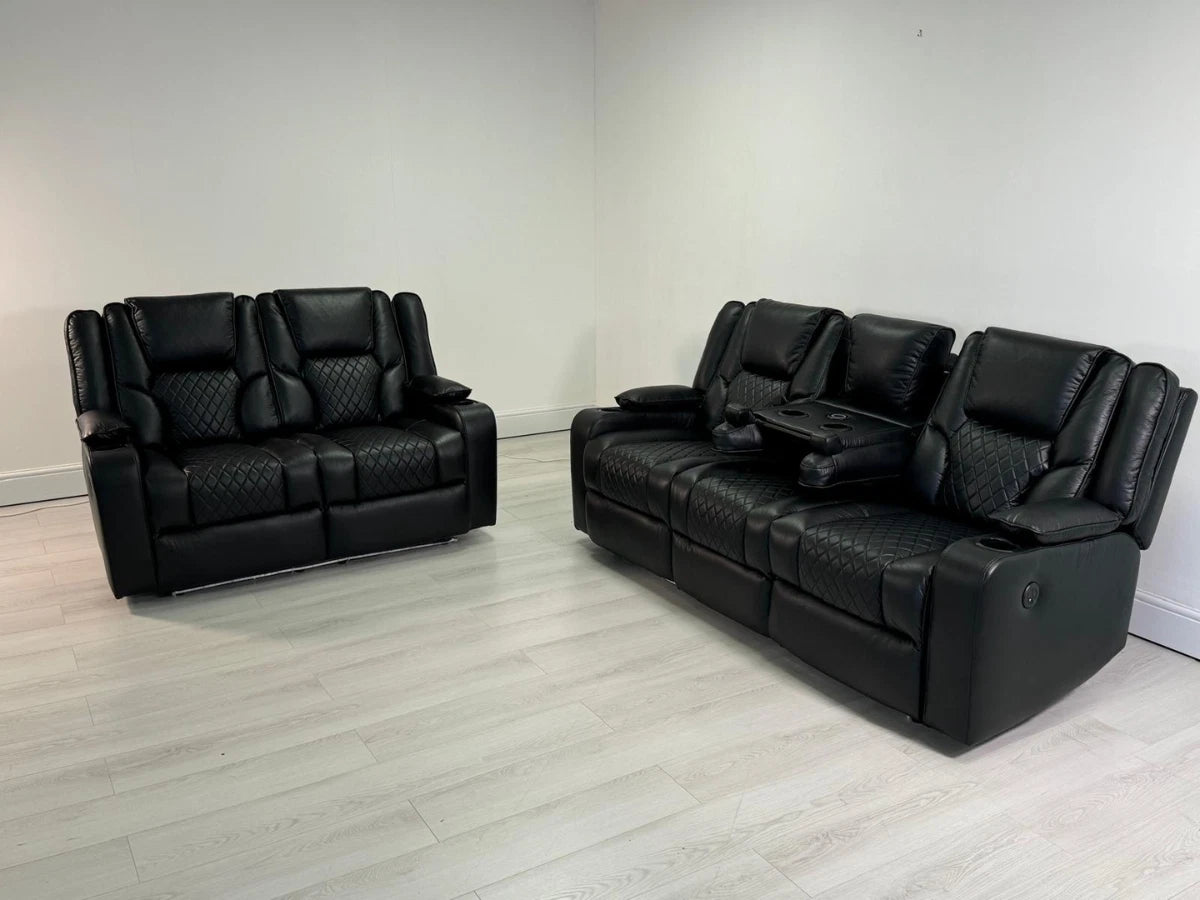MNS Electric Recliner Orlando 3+2 Sofa Set in Black Aire Leather | USB | Cup Holder