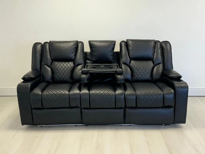 MNS Electric Recliner Orlando 3+2 Sofa Set in Black Aire Leather USB Cup Holder LED