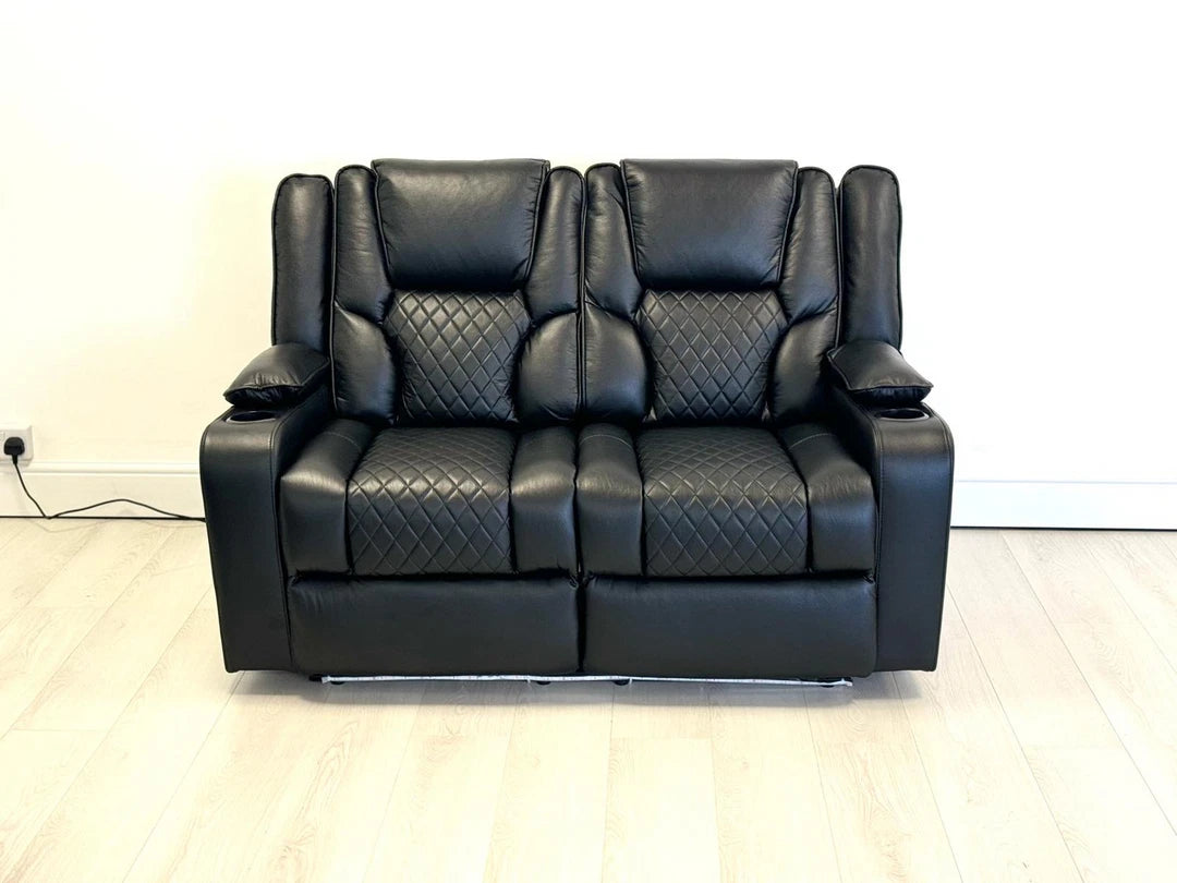 MNS Electric Recliner Orlando 3+2 Sofa Set in Black Aire Leather | USB | Cup Holder