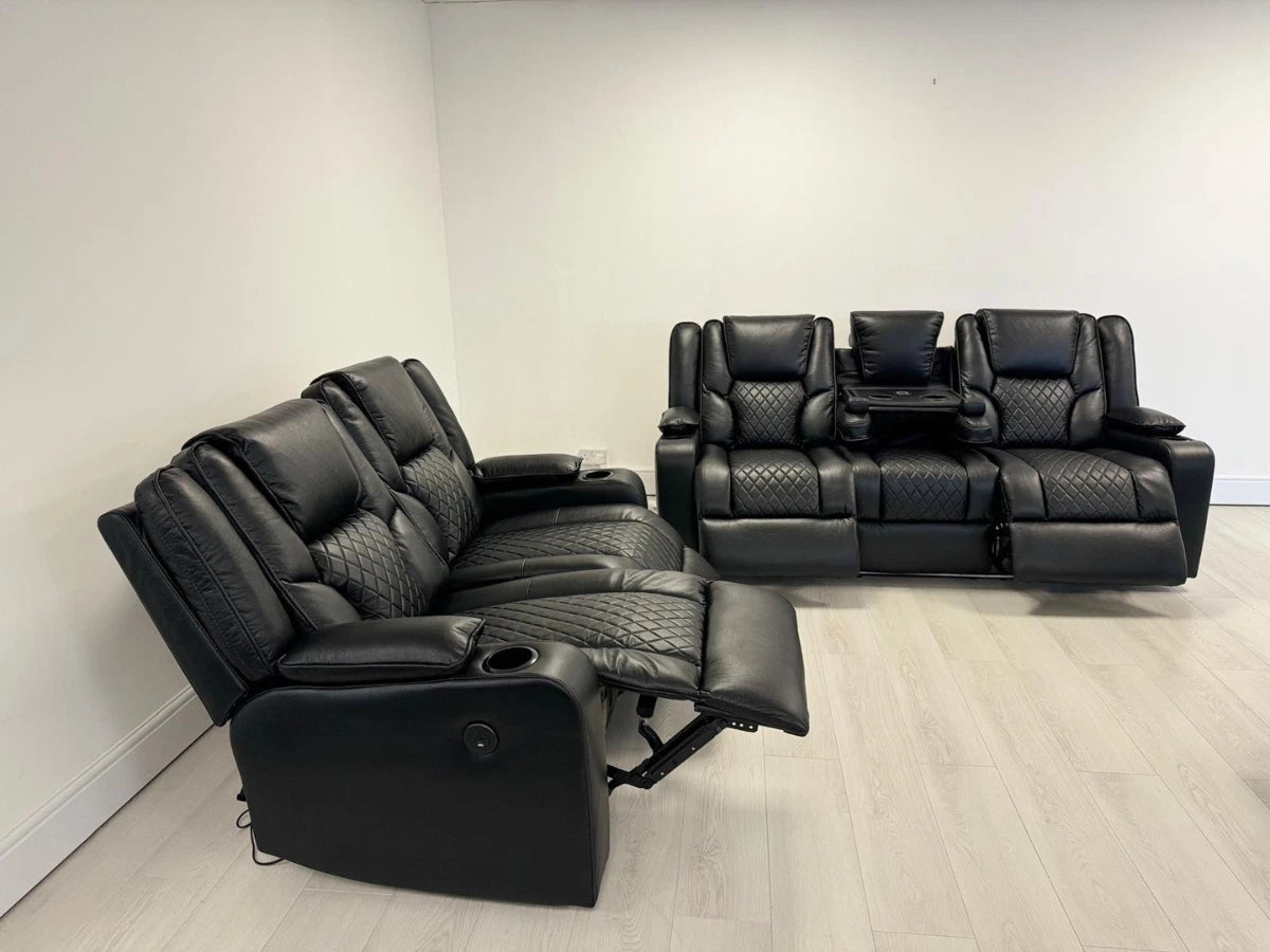 MNS Electric Recliner Orlando 3+2 Sofa Set in Black Aire Leather USB Cup Holder LED