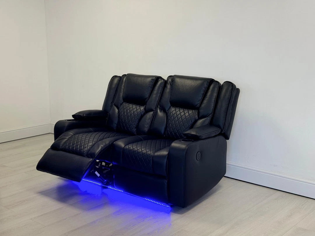 MNS Electric Recliner Orlando 3+2 Sofa Set in Black Aire Leather USB Cup Holder LED