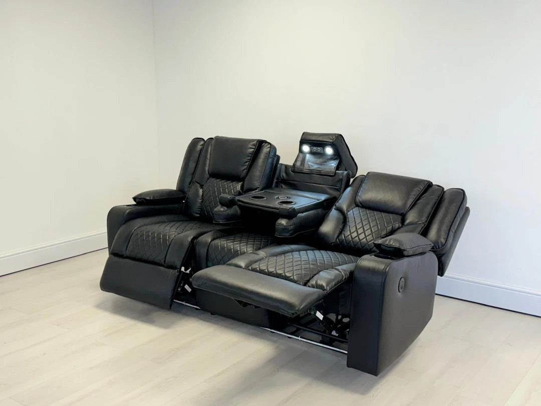 MNS Electric Recliner Orlando 3+2 Sofa Set in Black Aire Leather USB Cup Holder LED