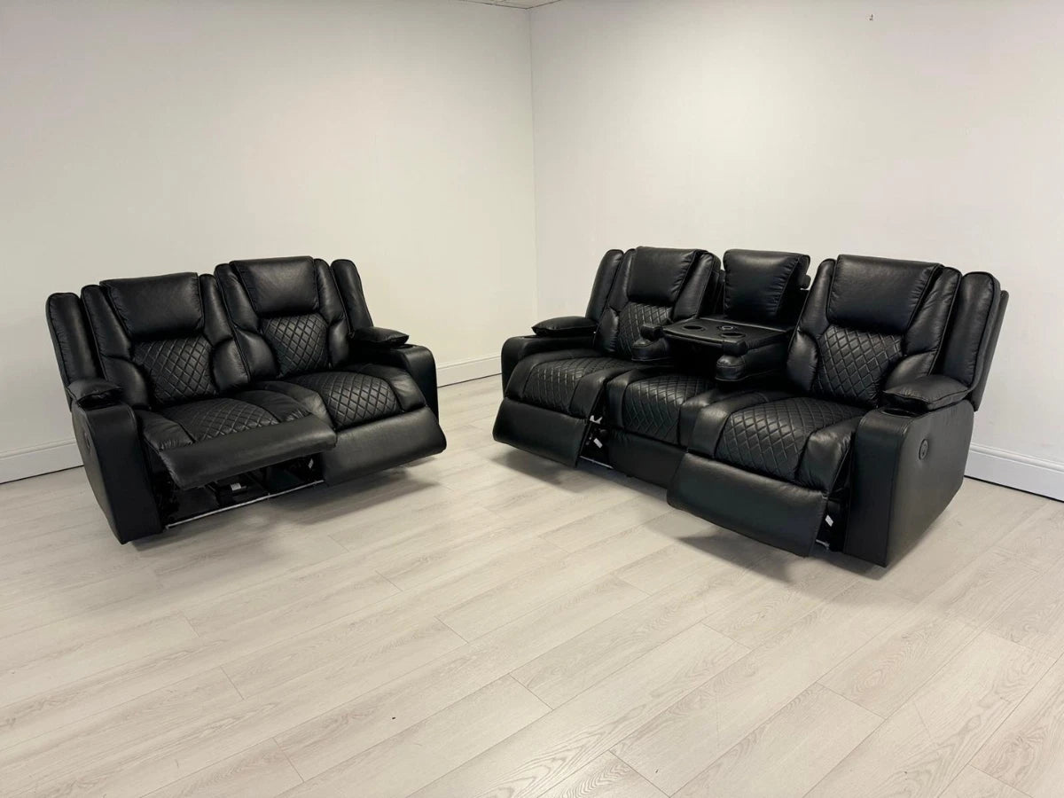 MNS Electric Recliner Orlando 3+2 Sofa Set in Black Aire Leather USB Cup Holder LED