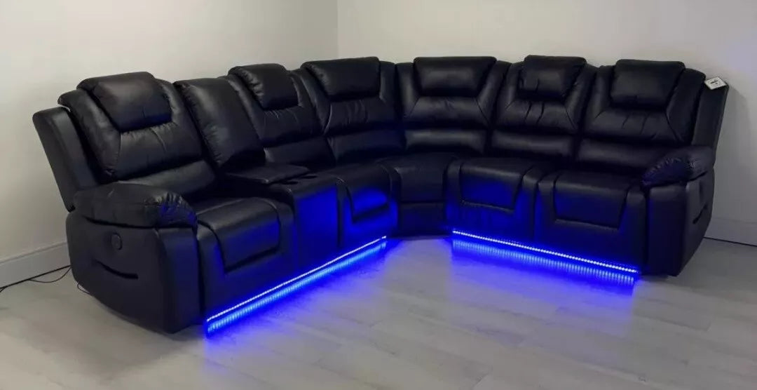 MNS Oxford Black or Grey Electric Recliner Corner Sofa- USB + Cupholders + Blue LED