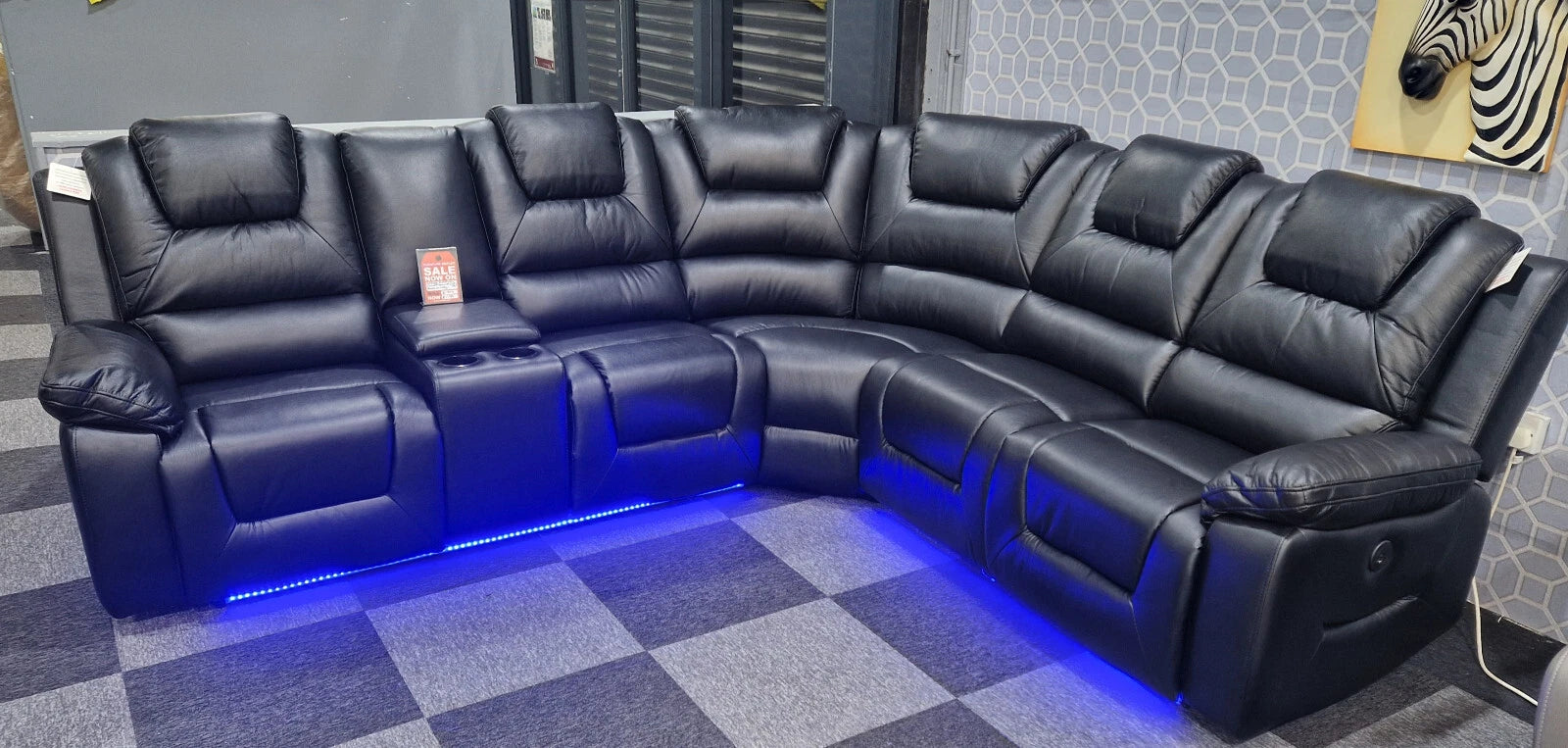 MNS Oxford Black or Grey Electric Recliner Corner Sofa- USB + Cupholders + Blue LED
