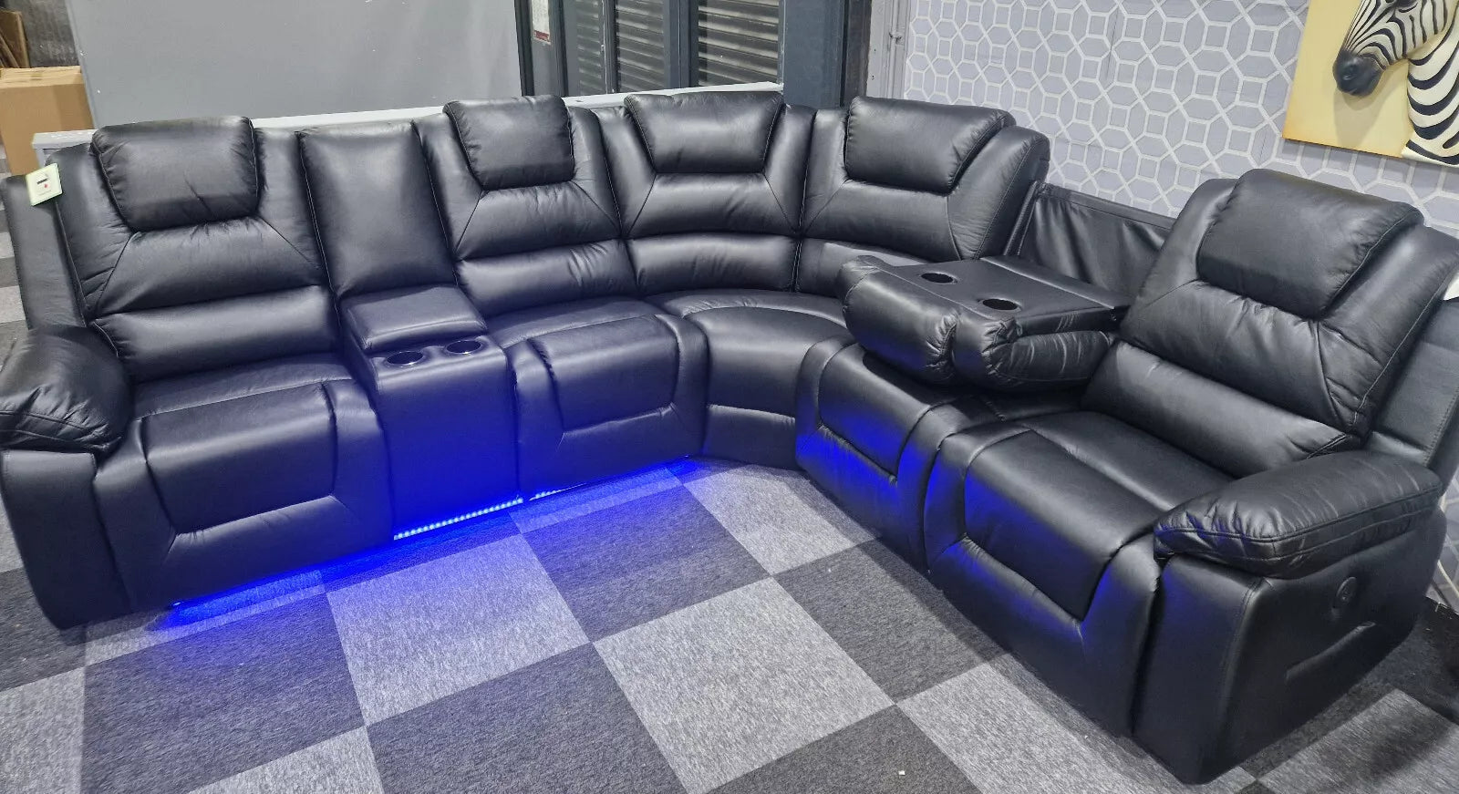 MNS Oxford Black or Grey Electric Recliner Corner Sofa- USB + Cupholders + Blue LED