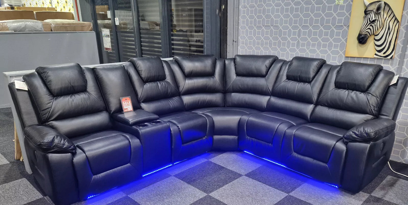 MNS Oxford Black or Grey Electric Recliner Corner Sofa- USB + Cupholders + Blue LED