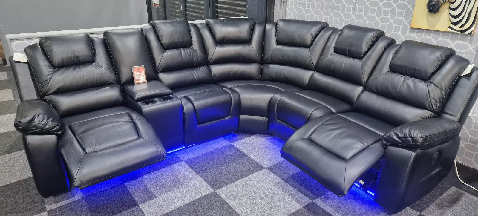 MNS Oxford Black or Grey Electric Recliner Corner Sofa- USB + Cupholders + Blue LED